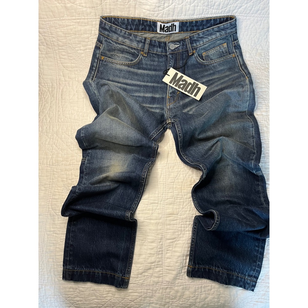 Madh Regular Straight Leg Jeans Medium Wash Whiskered Denim Size 32 NWT